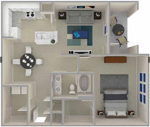 Floor plan for 1 bed, 1 bath, 835 sqft